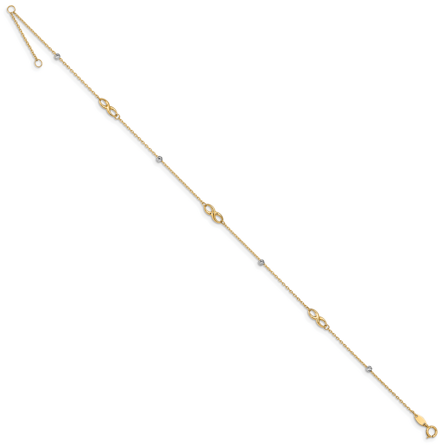 Tobillera 14K Dos Tonos con Cuentas y Elementos en Forma de Infinito, 10 Pulgadas + 1 Pulgada de Extensión
