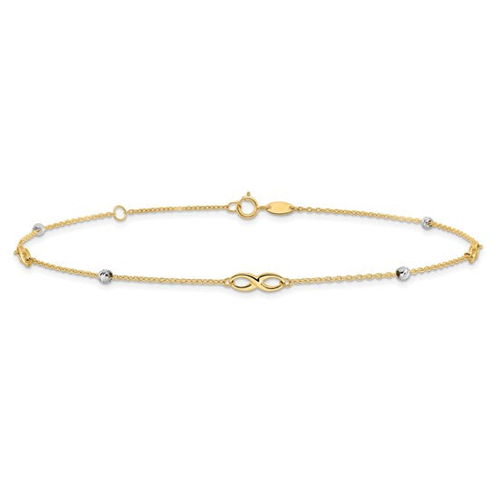 Tobillera 14K Dos Tonos con Cuentas y Elementos en Forma de Infinito, 10 Pulgadas + 1 Pulgada de Extensión