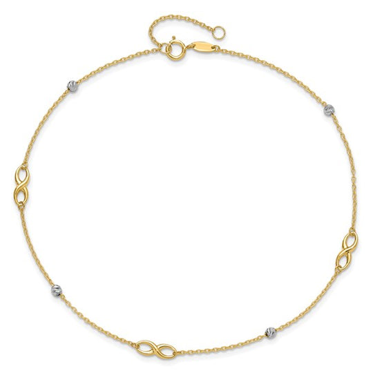 Tobillera 14K Dos Tonos con Cuentas y Elementos en Forma de Infinito, 10 Pulgadas + 1 Pulgada de Extensión