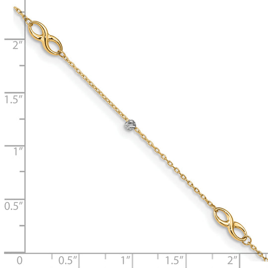 Tobillera 14K Dos Tonos con Cuentas y Elementos en Forma de Infinito, 10 Pulgadas + 1 Pulgada de Extensión