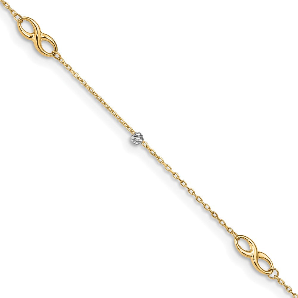 Tobillera 14K Dos Tonos con Cuentas y Elementos en Forma de Infinito, 10 Pulgadas + 1 Pulgada de Extensión