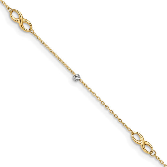 Tobillera 14K Dos Tonos con Cuentas y Elementos en Forma de Infinito, 10 Pulgadas + 1 Pulgada de Extensión