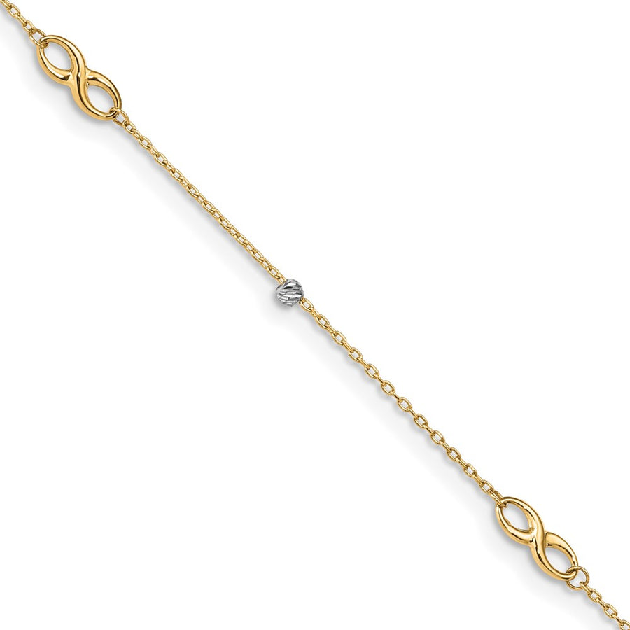 Tobillera 14K Dos Tonos con Cuentas y Elementos en Forma de Infinito, 10 Pulgadas + 1 Pulgada de Extensión
