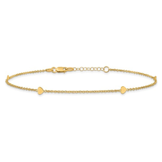Tobillera de Corazones Pulidos de 14K de 10 Pulgadas + Extensión de 1 Pulgada