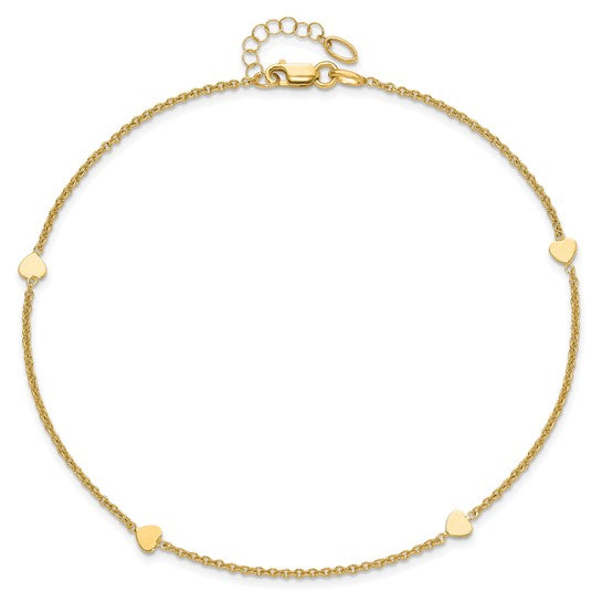 Tobillera de Corazones Pulidos de 14K de 10 Pulgadas + Extensión de 1 Pulgada