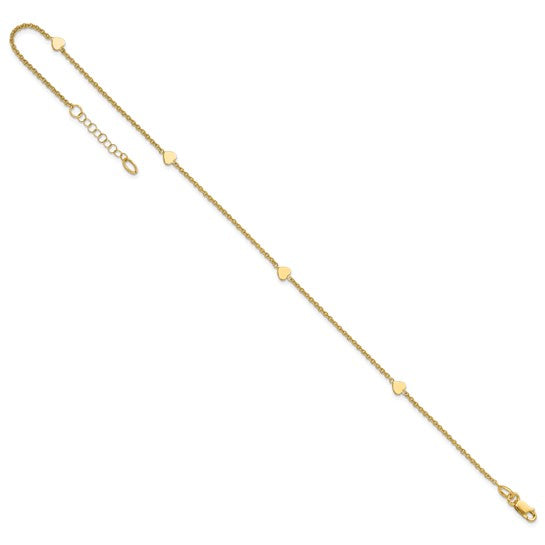 Tobillera de Corazones Pulidos de 14K de 10 Pulgadas + Extensión de 1 Pulgada