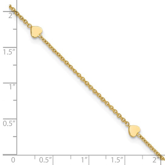 Tobillera de Corazones Pulidos de 14K de 10 Pulgadas + Extensión de 1 Pulgada