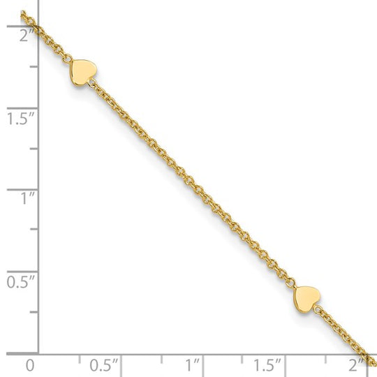Tobillera de Corazones Pulidos de 14K de 10 Pulgadas + Extensión de 1 Pulgada