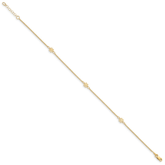 14K Yellow Gold Polished Flower Anklet with 1 Inch Extender