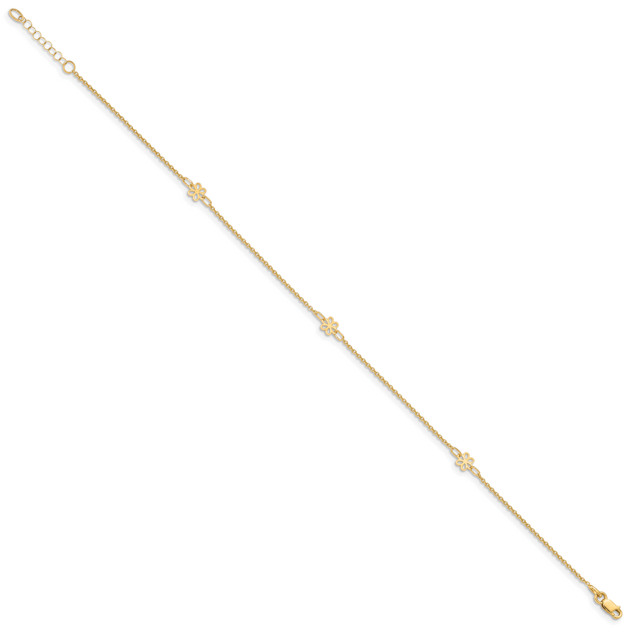 Tobillera de Oro Amarillo de 14K con Flores Pulidas y Extensor de 1 Pulgada
