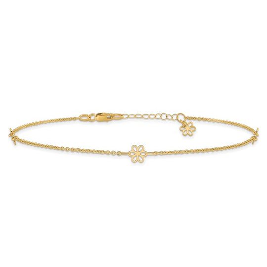 14K Yellow Gold Polished Flower Anklet with 1 Inch Extender
