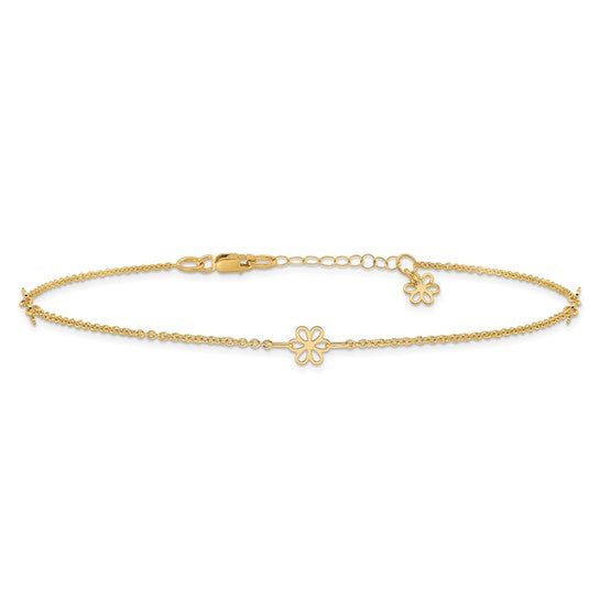 Tobillera de Oro Amarillo de 14K con Flores Pulidas y Extensor de 1 Pulgada