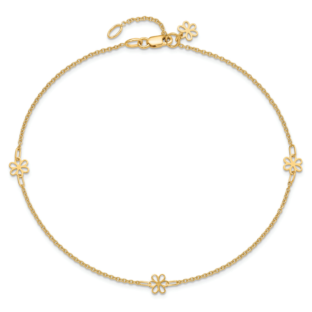 Tobillera de Oro Amarillo de 14K con Flores Pulidas y Extensor de 1 Pulgada