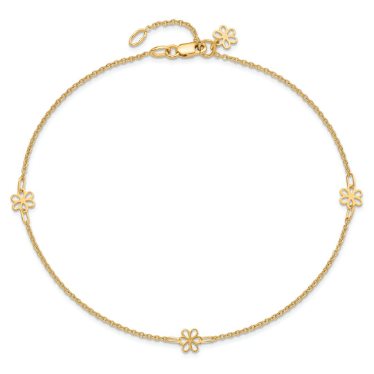 14K Yellow Gold Polished Flower Anklet with 1 Inch Extender