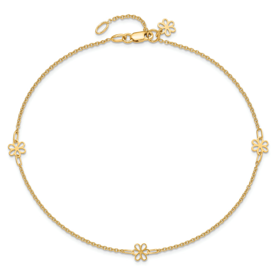 Tobillera de Oro Amarillo de 14K con Flores Pulidas y Extensor de 1 Pulgada