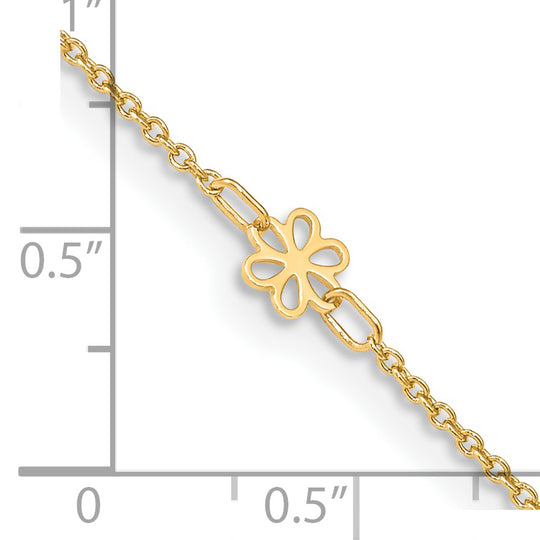 14K Yellow Gold Polished Flower Anklet with 1 Inch Extender