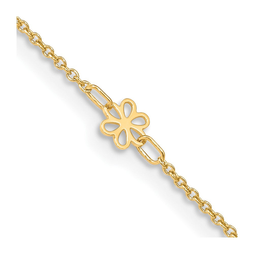 Tobillera de Oro Amarillo de 14K con Flores Pulidas y Extensor de 1 Pulgada