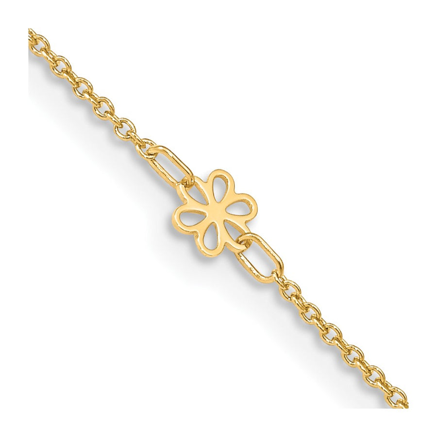 Tobillera de Oro Amarillo de 14K con Flores Pulidas y Extensor de 1 Pulgada