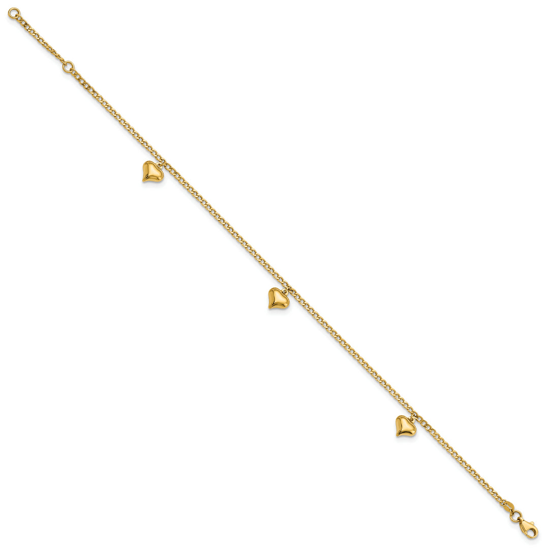 Tobillera de Oro de 14K con 3 Corazones Inflados Pulidos de 9 Pulgadas + Extensión de 1 Pulgada