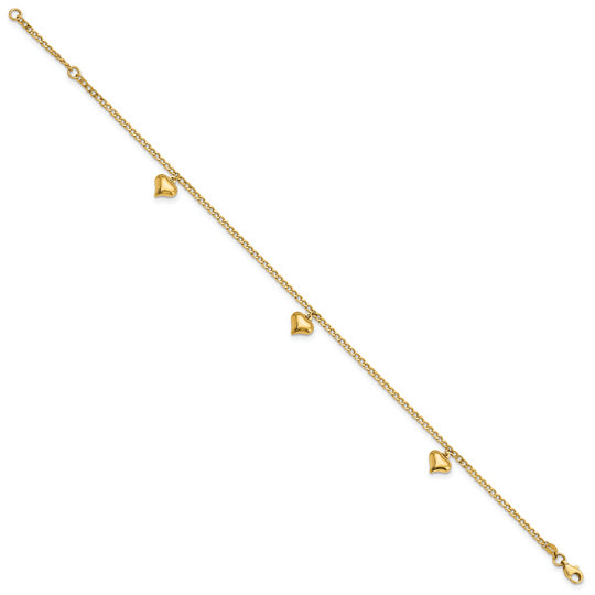 Tobillera de Oro de 14K con 3 Corazones Inflados Pulidos de 9 Pulgadas + Extensión de 1 Pulgada
