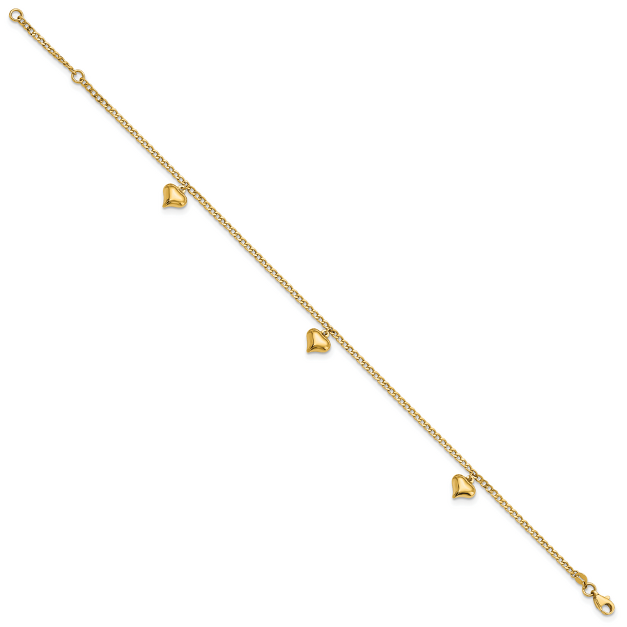 Tobillera de Oro de 14K con 3 Corazones Inflados Pulidos de 9 Pulgadas + Extensión de 1 Pulgada
