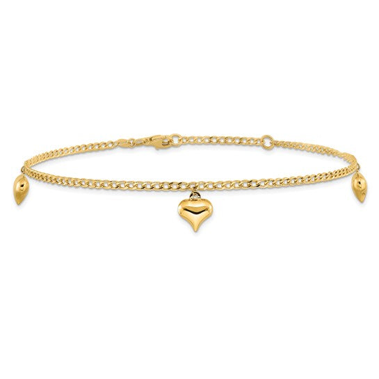 Tobillera de Oro de 14K con 3 Corazones Inflados Pulidos de 9 Pulgadas + Extensión de 1 Pulgada