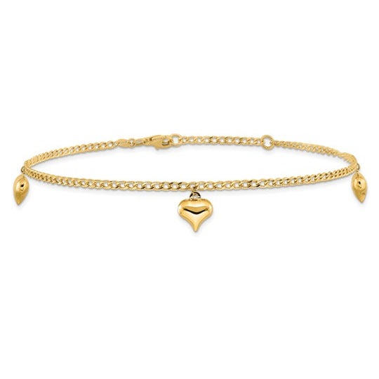 Tobillera de Oro de 14K con 3 Corazones Inflados Pulidos de 9 Pulgadas + Extensión de 1 Pulgada