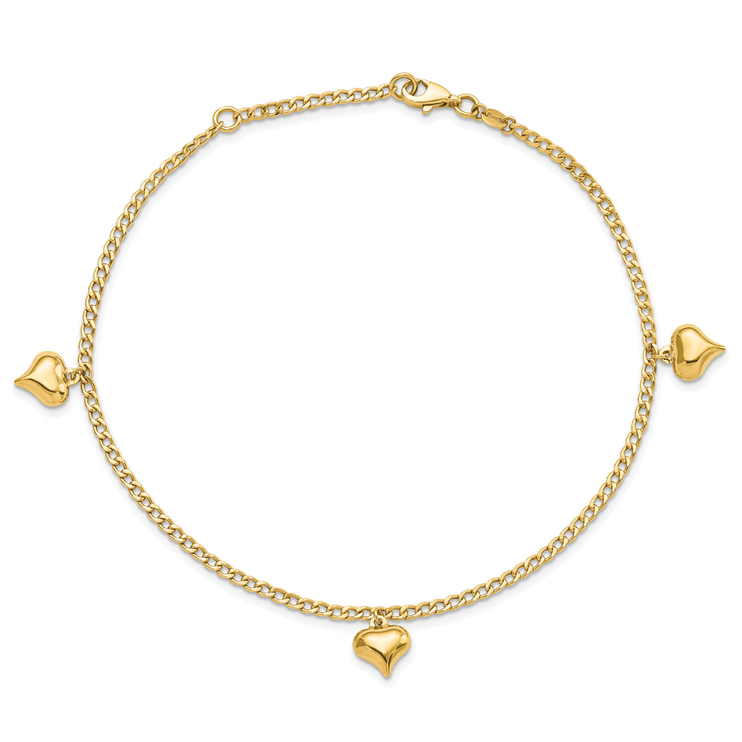 Tobillera de Oro de 14K con 3 Corazones Inflados Pulidos de 9 Pulgadas + Extensión de 1 Pulgada