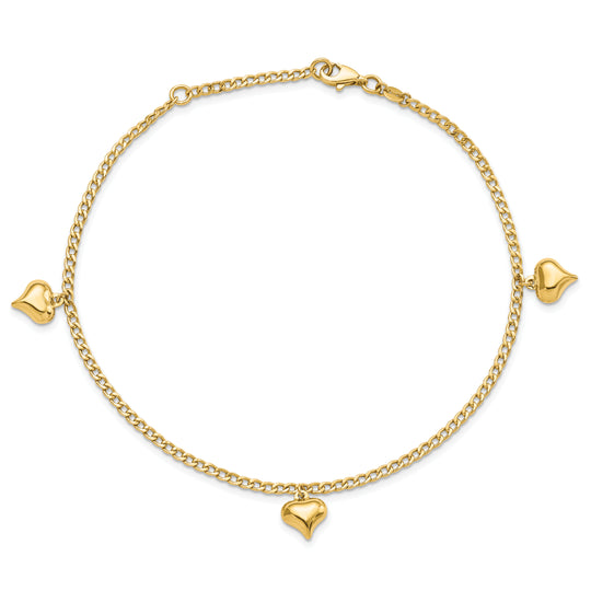 Tobillera de Oro de 14K con 3 Corazones Inflados Pulidos de 9 Pulgadas + Extensión de 1 Pulgada