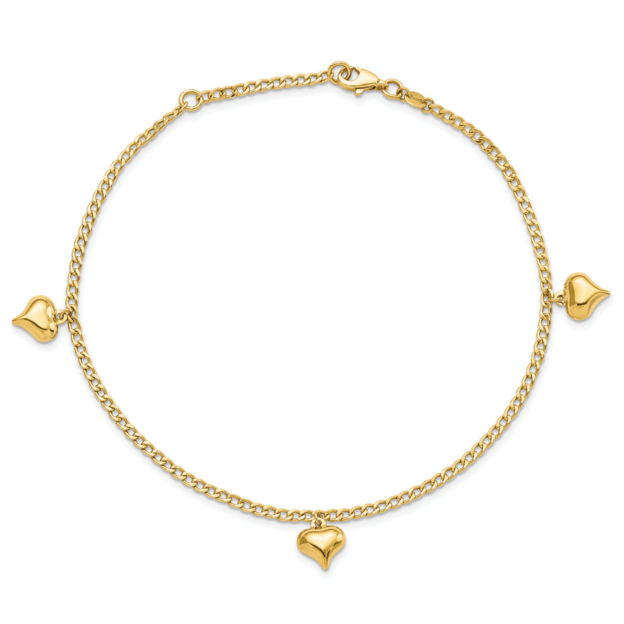 Tobillera de Oro de 14K con 3 Corazones Inflados Pulidos de 9 Pulgadas + Extensión de 1 Pulgada