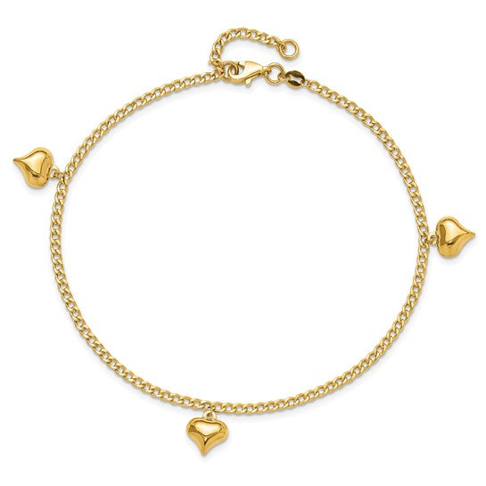 Tobillera de Oro de 14K con 3 Corazones Inflados Pulidos de 9 Pulgadas + Extensión de 1 Pulgada
