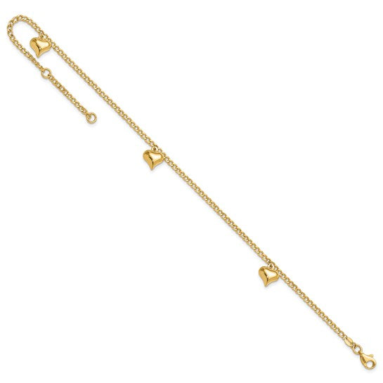 Tobillera de Oro de 14K con 3 Corazones Inflados Pulidos de 9 Pulgadas + Extensión de 1 Pulgada