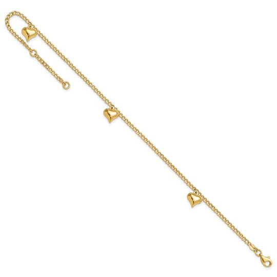 Tobillera de Oro de 14K con 3 Corazones Inflados Pulidos de 9 Pulgadas + Extensión de 1 Pulgada
