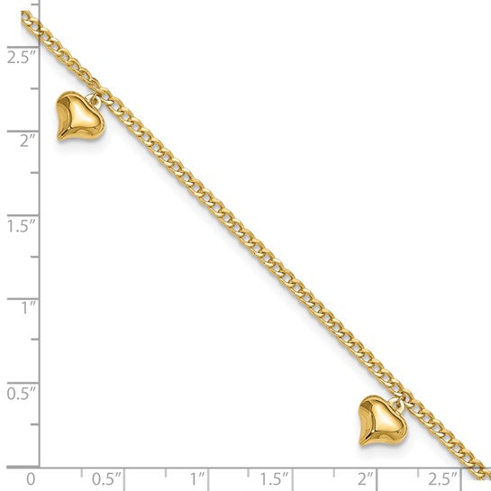 Tobillera de Oro de 14K con 3 Corazones Inflados Pulidos de 9 Pulgadas + Extensión de 1 Pulgada