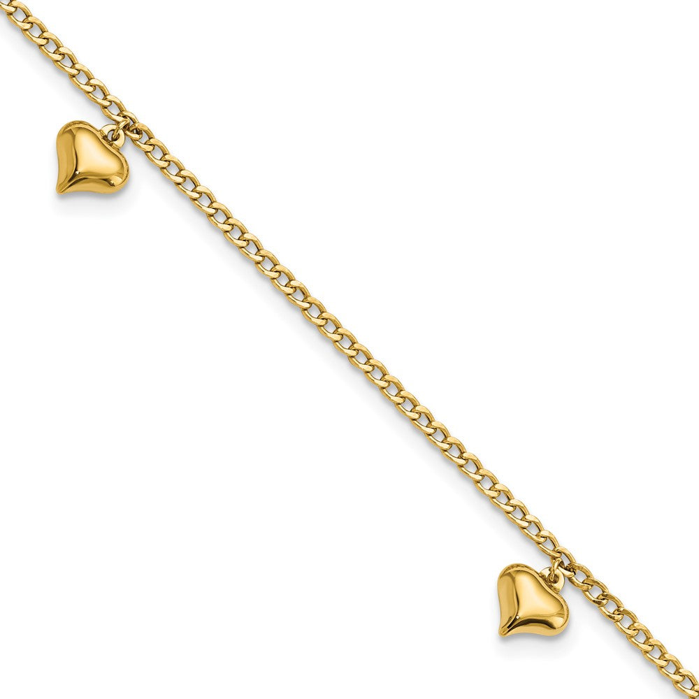Tobillera de Oro de 14K con 3 Corazones Inflados Pulidos de 9 Pulgadas + Extensión de 1 Pulgada