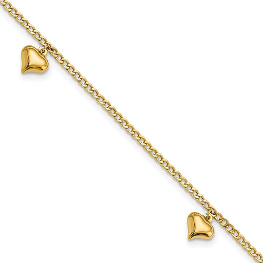 Tobillera de Oro de 14K con 3 Corazones Inflados Pulidos de 9 Pulgadas + Extensión de 1 Pulgada