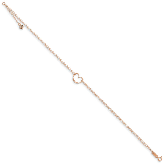 Tobillera de Oro Rosa de 14K de Doble Cadena con Corazón de 9 pulgadas + Extensor de 1 Pulgada