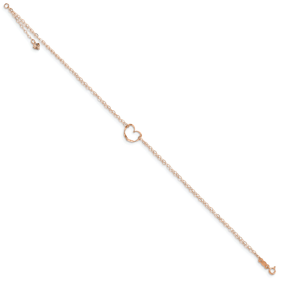 Tobillera de Oro Rosa de 14K de Doble Cadena con Corazón de 9 Pulgadas + Extensor de 1 Pulgada