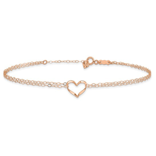 Tobillera de Oro Rosa de 14K de Doble Cadena con Corazón de 9 Pulgadas + Extensor de 1 Pulgada