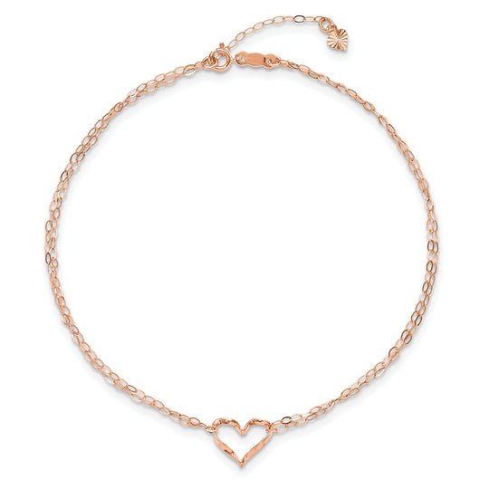 Tobillera de Oro Rosa de 14K de Doble Cadena con Corazón de 9 pulgadas + Extensor de 1 Pulgada