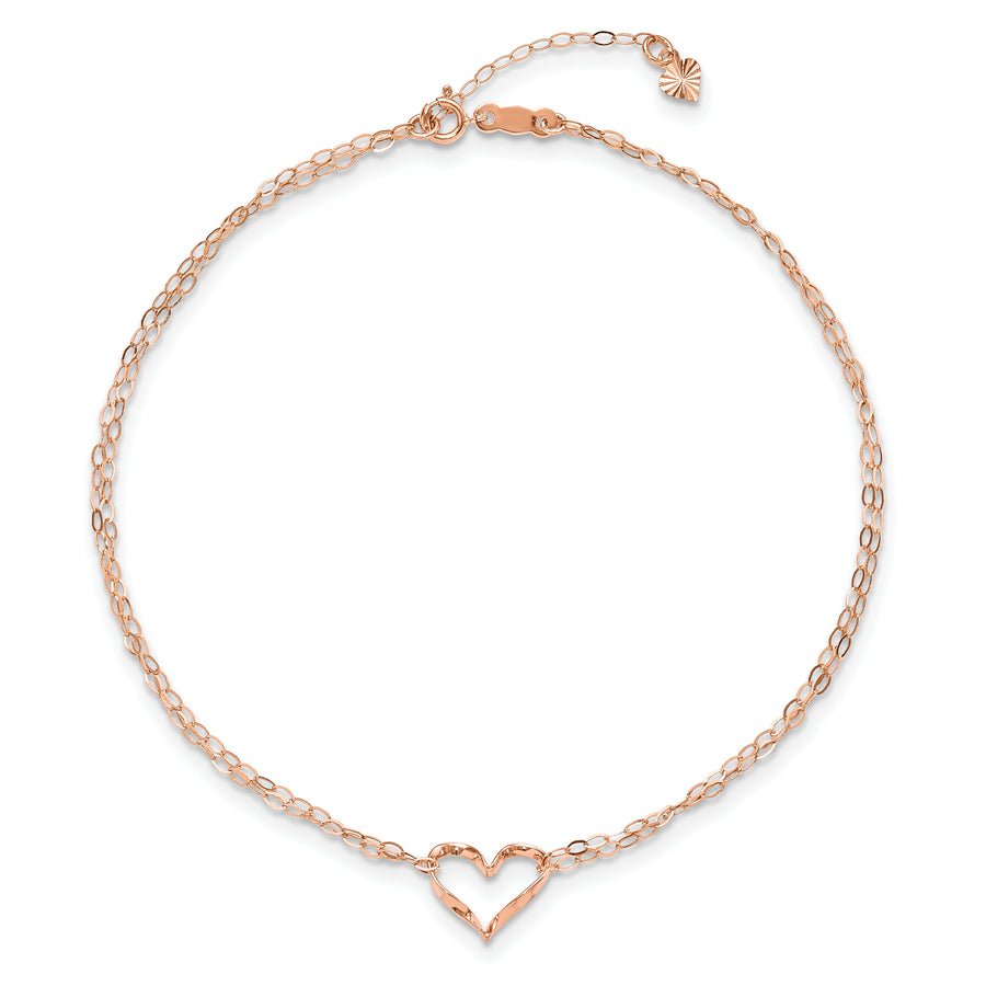 Tobillera de Oro Rosa de 14K de Doble Cadena con Corazón de 9 Pulgadas + Extensor de 1 Pulgada
