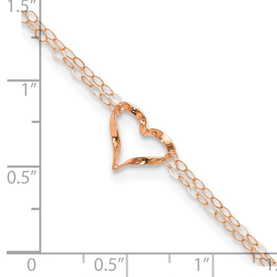 Tobillera de Oro Rosa de 14K de Doble Cadena con Corazón de 9 Pulgadas + Extensor de 1 Pulgada