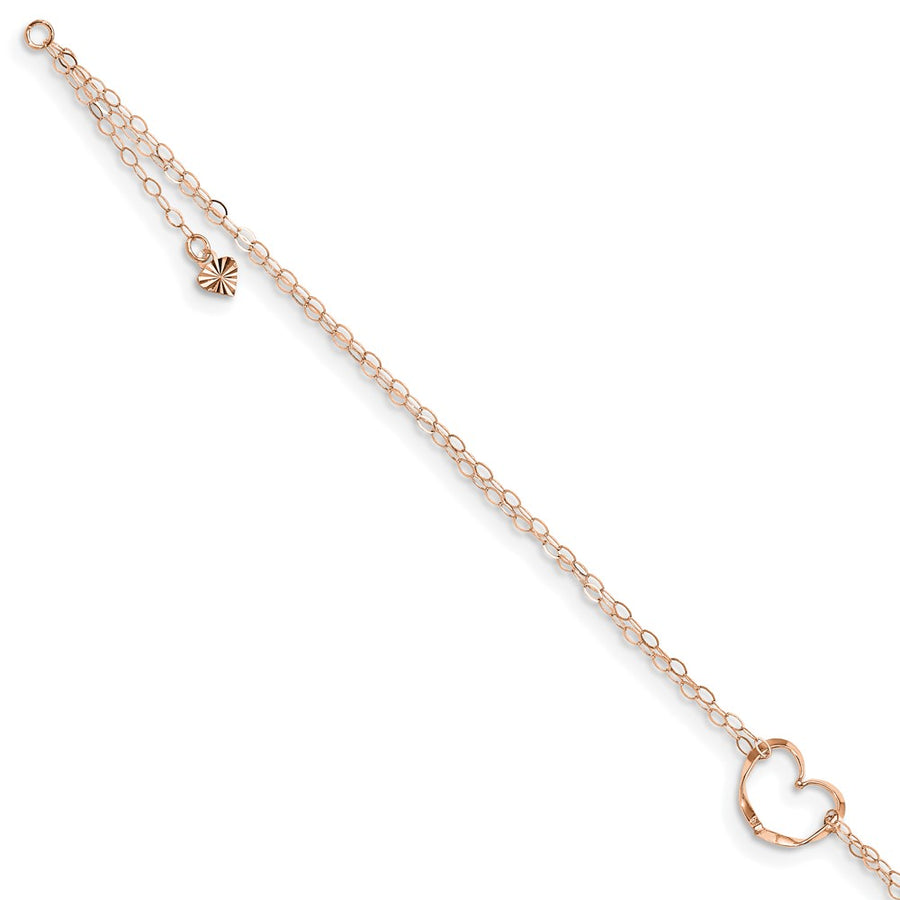 Tobillera de Oro Rosa de 14K de Doble Cadena con Corazón de 9 Pulgadas + Extensor de 1 Pulgada