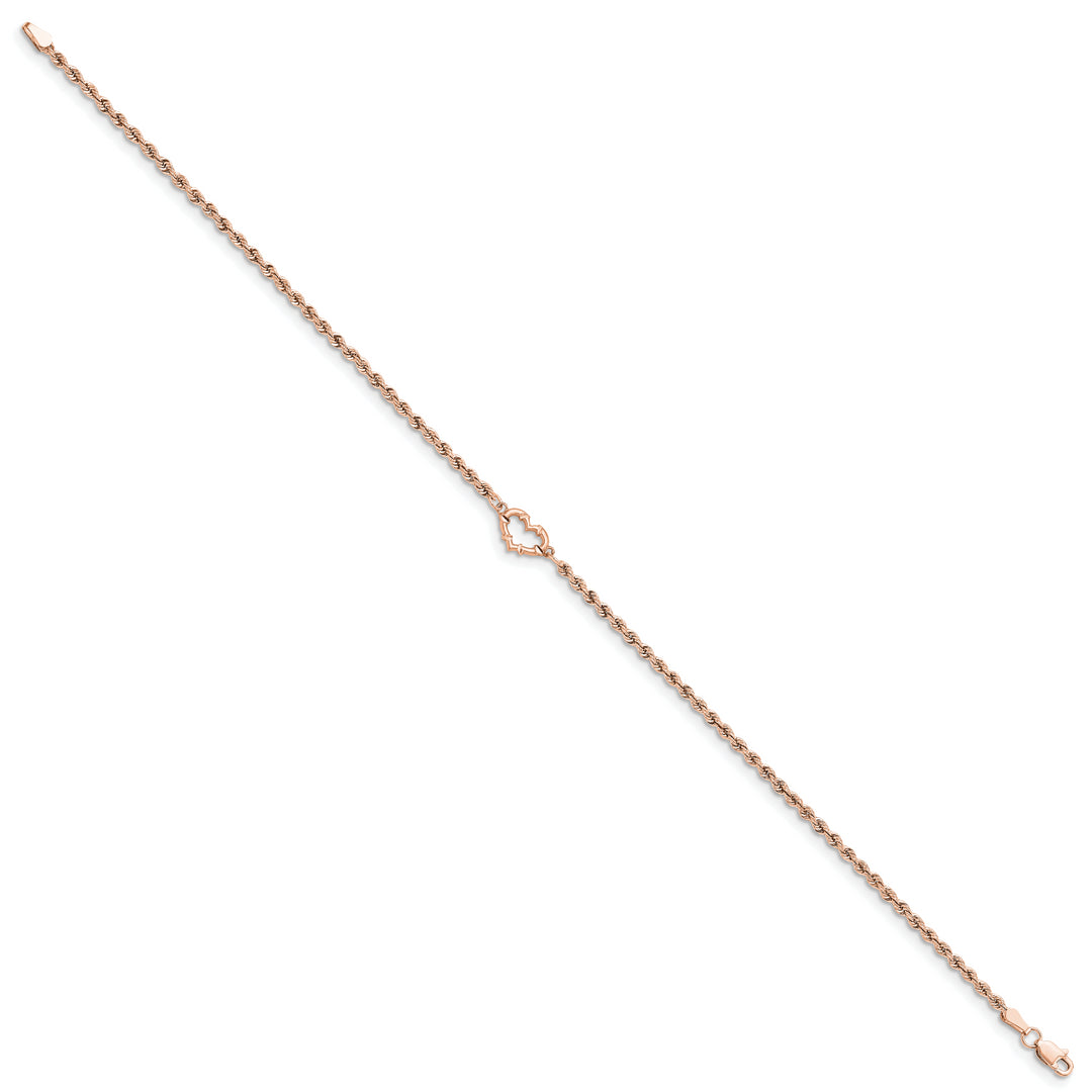 Tobillera de Oro Rosa de 14K con Cordón Trenzado y Corazón Cortado con Diamantes de 9 Pulgadas