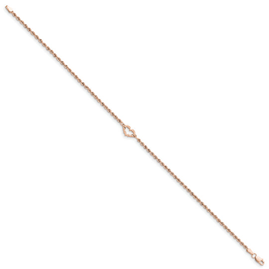 Tobillera de Oro Rosa de 14K con Cordón Trenzado y Corazón Cortado con Diamantes de 9 Pulgadas