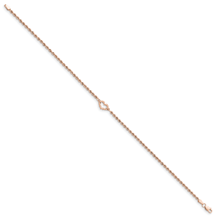 Tobillera de Oro Rosa de 14K con Cordón Trenzado y Corazón Cortado con Diamantes de 9 Pulgadas