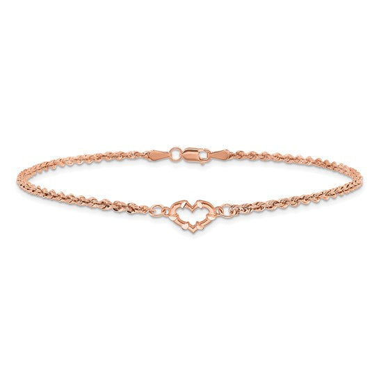 Tobillera de Oro Rosa de 14K con Cordón Trenzado y Corazón Cortado con Diamantes de 9 Pulgadas