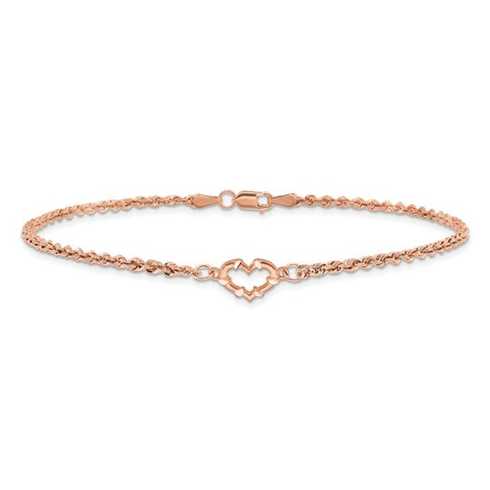 Tobillera de Oro Rosa de 14K con Cordón Trenzado y Corazón Cortado con Diamantes de 9 Pulgadas
