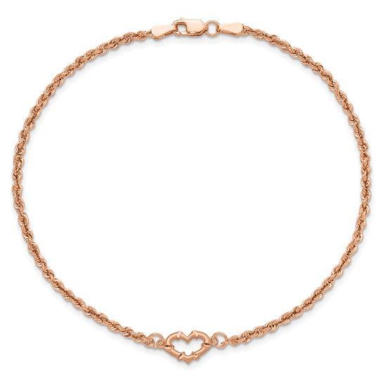 Tobillera de Oro Rosa de 14K con Cordón Trenzado y Corazón Cortado con Diamantes de 9 Pulgadas