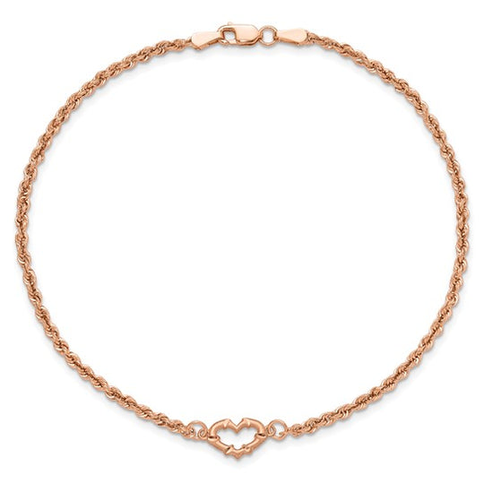 Tobillera de Oro Rosa de 14K con Cordón Trenzado y Corazón Cortado con Diamantes de 9 Pulgadas